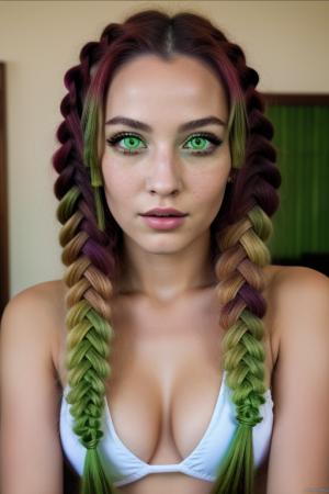 mitsuri kanroji, braid, gradient hair, (green eyes:1.5), green hair, long hair, mole,  mole under eye, multicolored hair, pink hair, twin braids, two-tone hair,