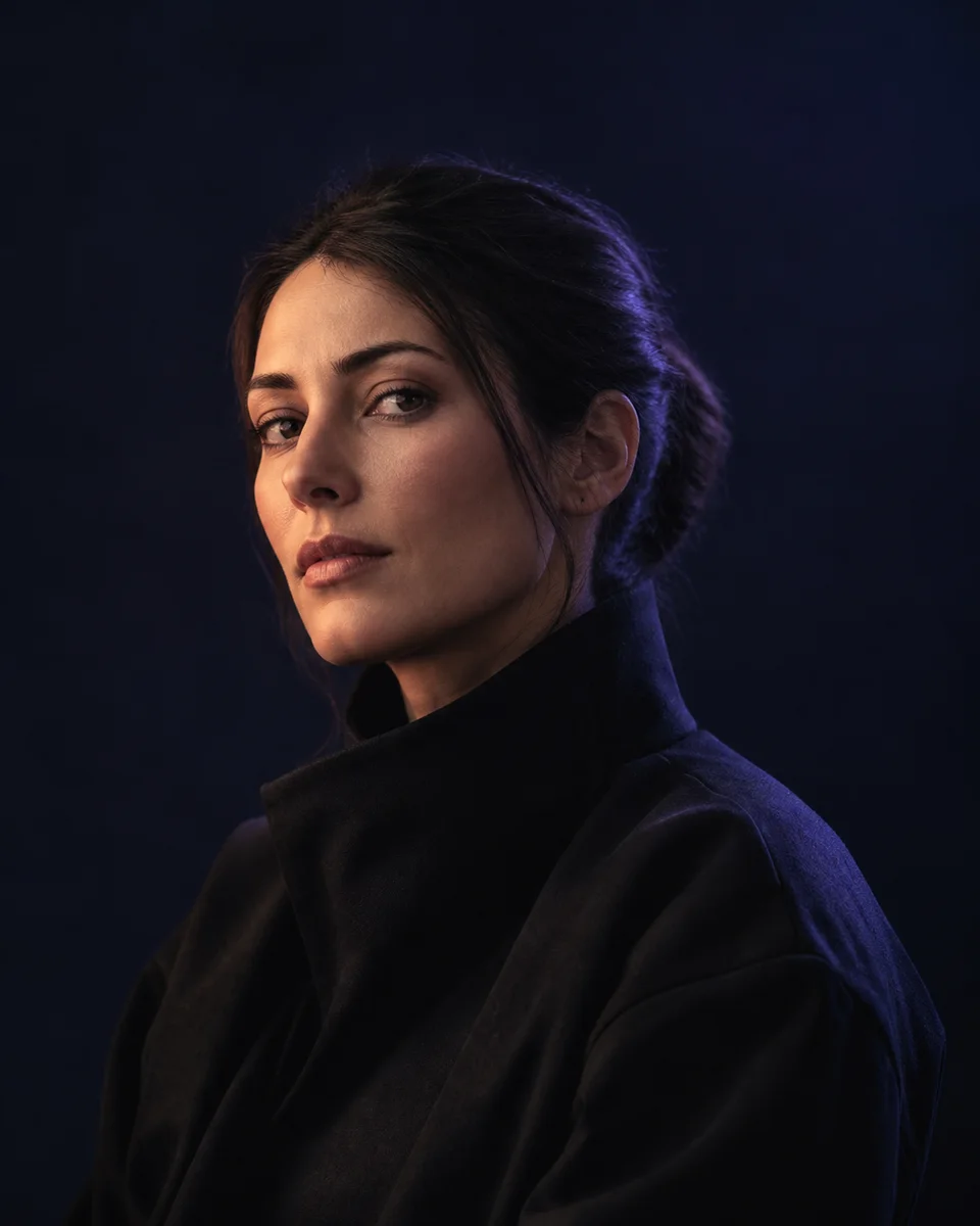 Editorial portrait of an adult woman in a dark jacket, lit in rose and violet