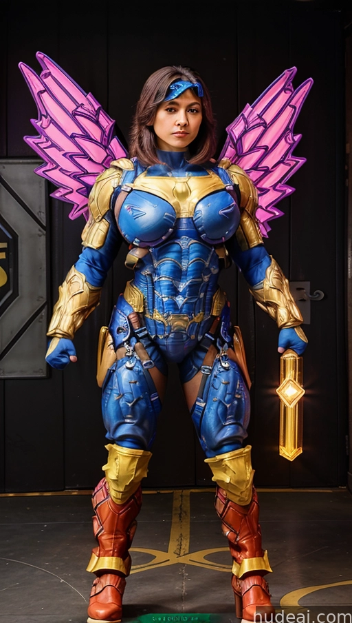 araffe dressed as a female superhero with wings and armor