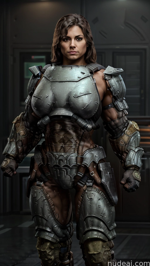 arafed woman in armor standing in a room with a gun
