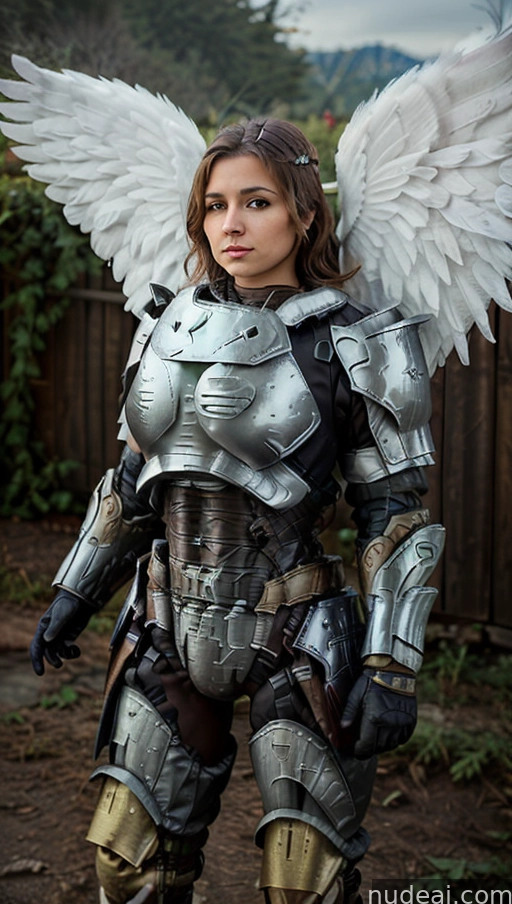 arafed woman in armor with wings standing in a yard