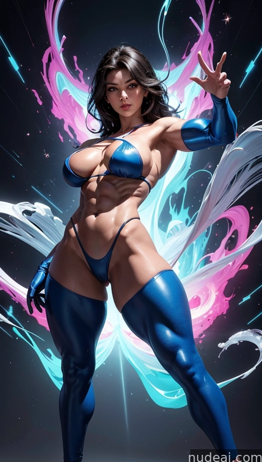 a close up of a woman in a blue outfit posing