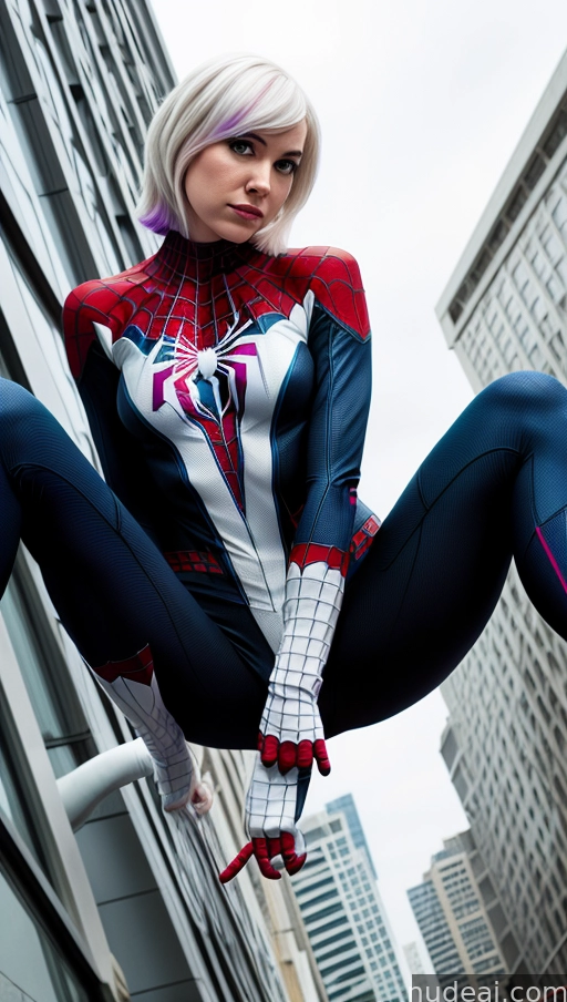 spider - man with white hair and blue and red costume sitting on a pole