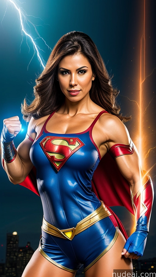 arafed woman in a superhero costume posing with lightning in the background