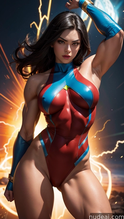 a woman in a red and blue costume posing for a picture