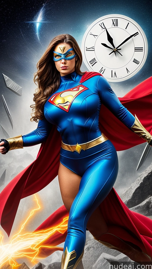 araffe woman in a blue costume with a cape and a clock