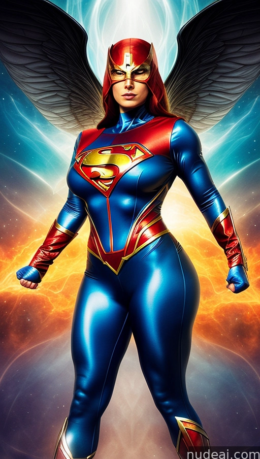 a close up of a woman in a superman costume with wings