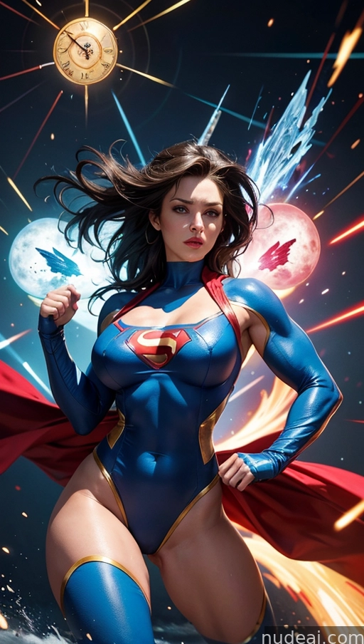 arafed woman in a blue costume with a red cape and a clock