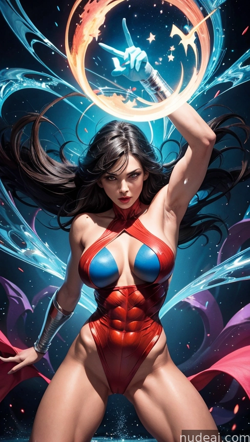 a woman in a red and blue bikini with a sword