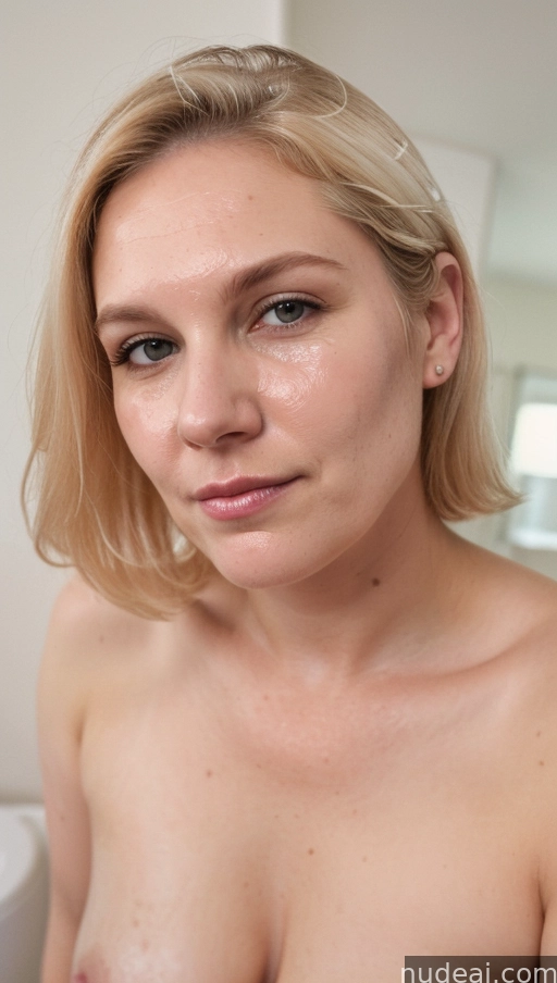 blond woman with big tits posing in bathroom with mirror