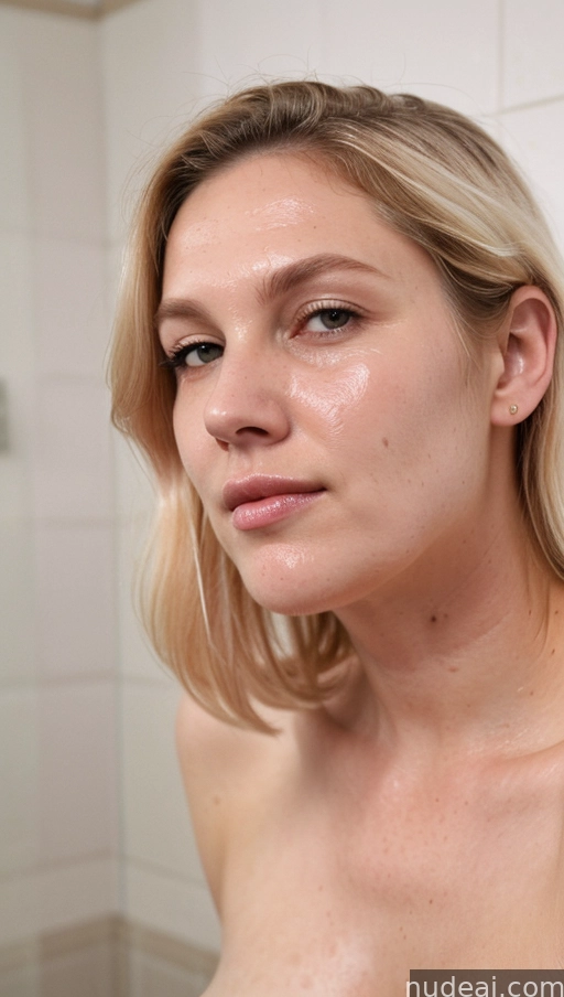 blond woman with no shirt on in a bathroom with a shower head