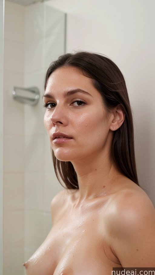 arafed woman with no shirt standing in front of a shower