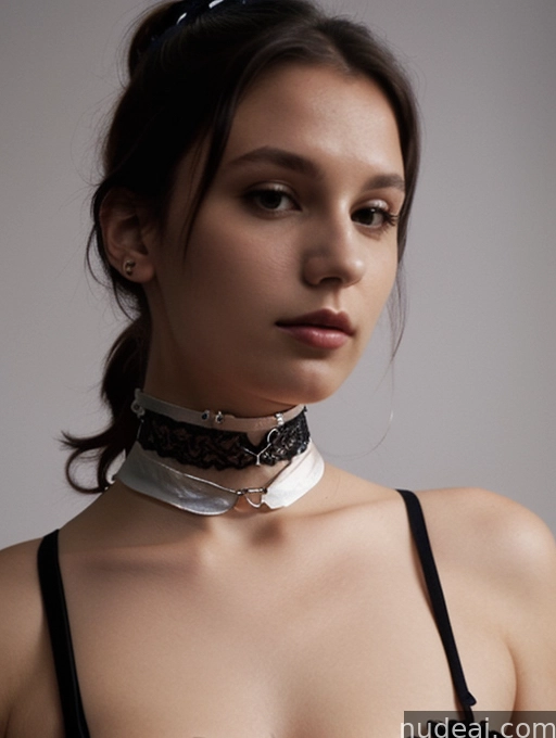 arafed woman wearing a black bra and a white collar
