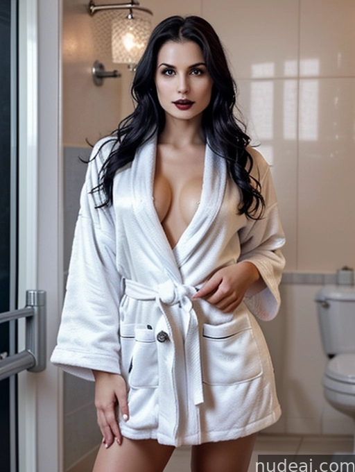 araffe woman in a white robe standing in a bathroom