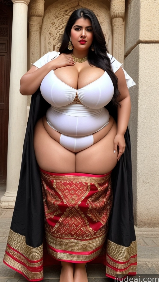 a woman in a white top and red skirt posing for a picture