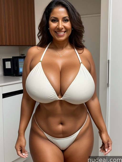 araffe woman in a white bikini posing in a kitchen
