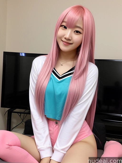 araffe girl with pink hair sitting on a bed in front of a tv