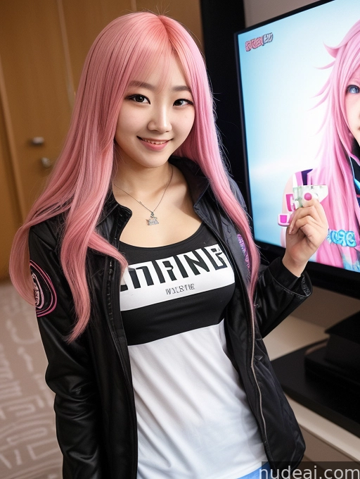 there is a woman with pink hair standing in front of a tv
