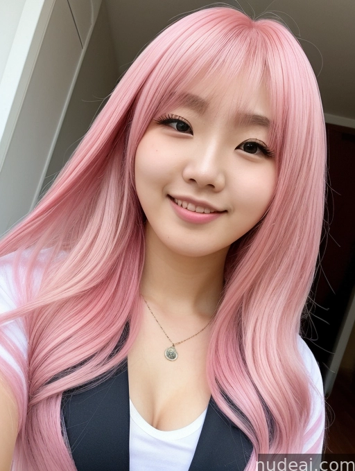 arafed asian woman with pink hair and a necklace smiling