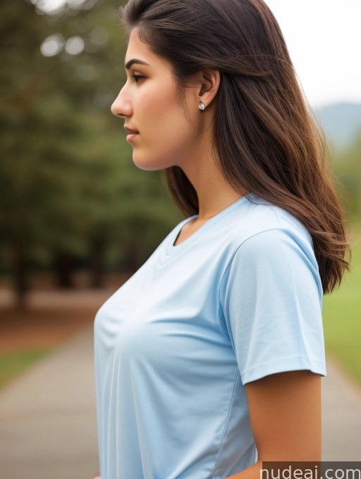 arafed woman in a blue shirt standing on a path