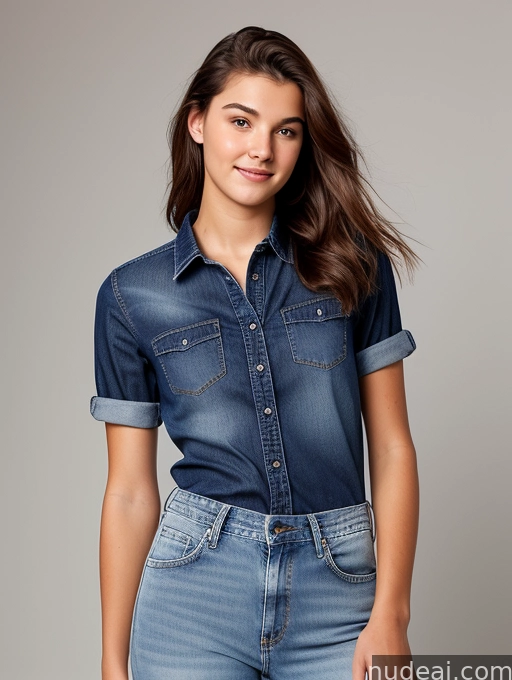 arafed woman in a denim shirt and jeans posing for a picture