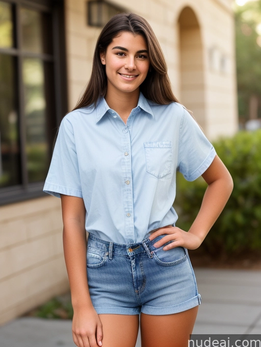 arafed woman in a blue shirt and denim shorts posing for a picture