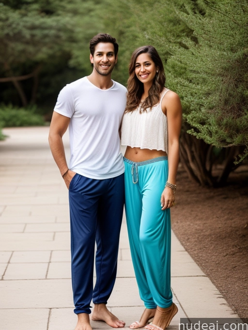 arafed couple posing for a picture in front of a tree