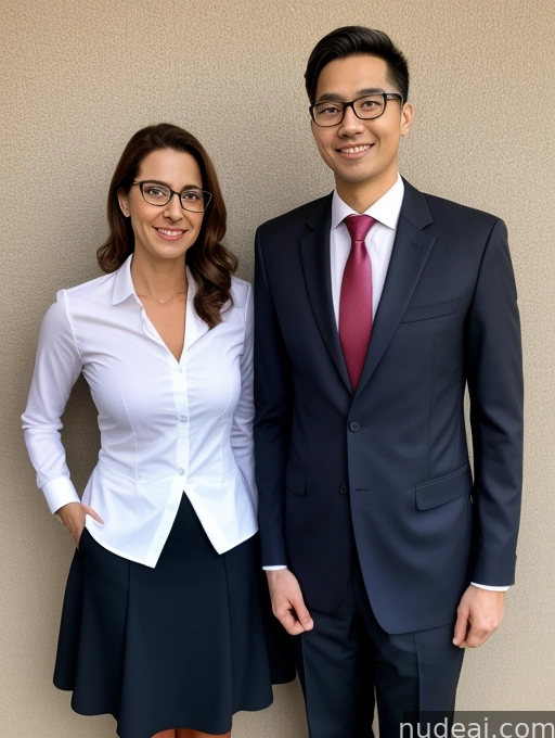 they are two people standing next to each other in front of a wall