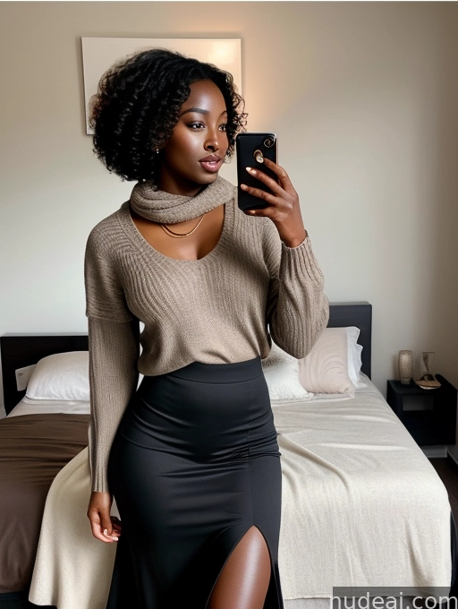 araffe woman in a skirt taking a selfie in a bedroom