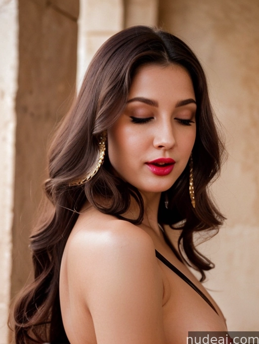 araffed woman with long dark hair and red lipstick posing for a picture