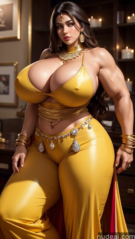 a woman in a yellow outfit posing for a picture