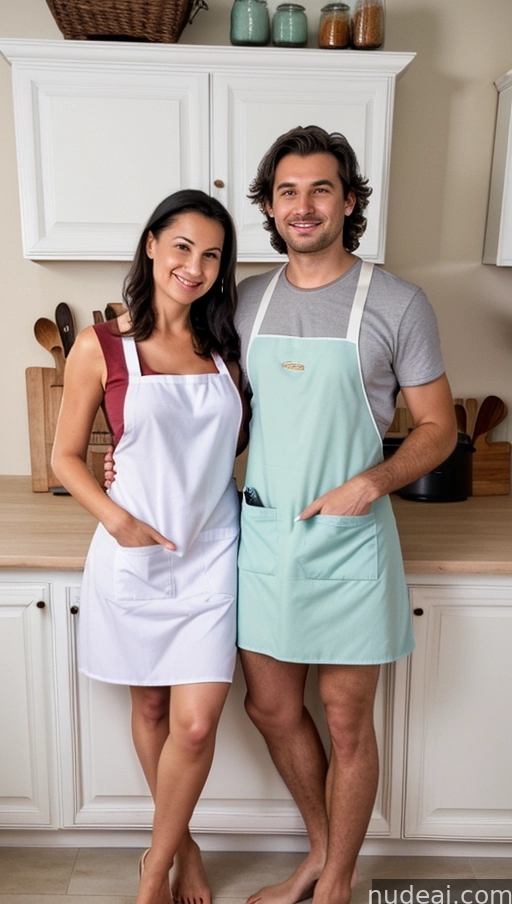 they are standing in the kitchen together wearing aprons