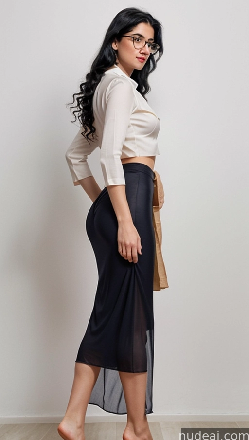 a woman in a skirt and top is standing on a wooden floor