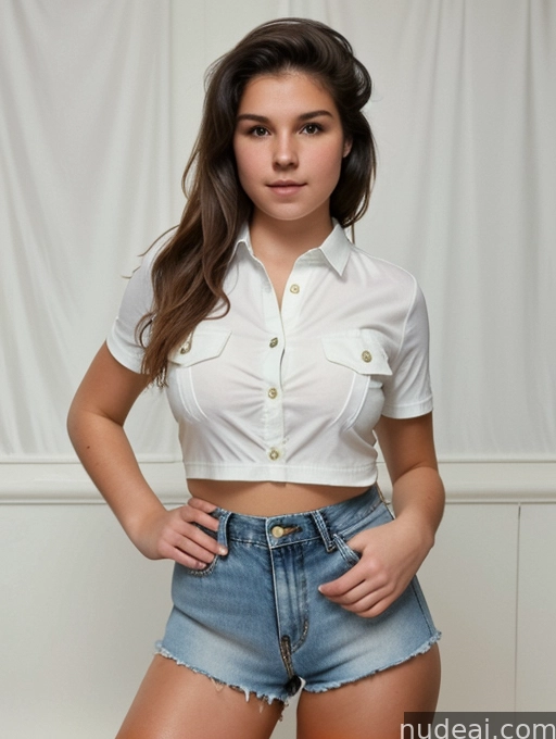 arafed woman in a white shirt and denim shorts posing for a picture