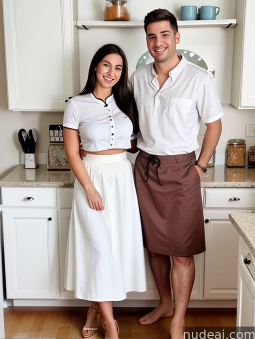 there are two people standing in a kitchen together