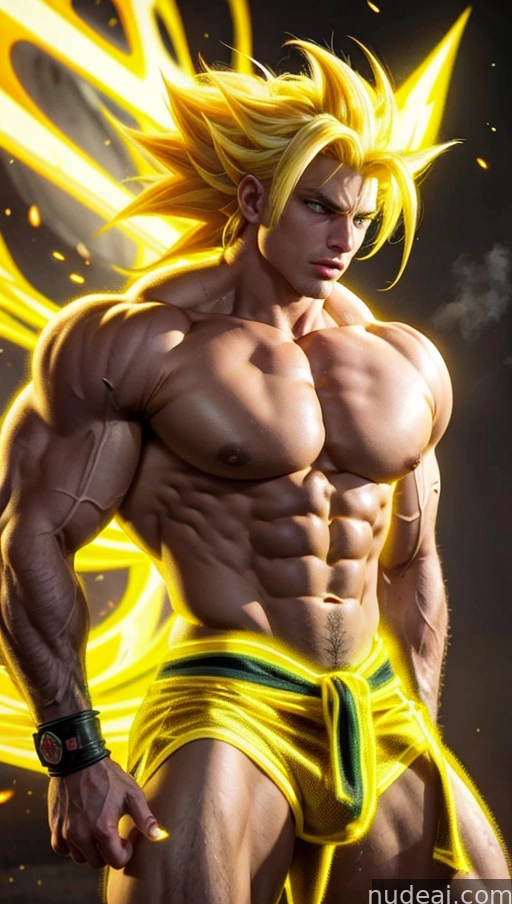 a close up of a man with a yellow shirt and yellow shorts