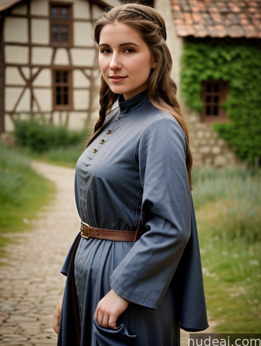 arafed woman in a blue dress and brown belt standing in front of a house
