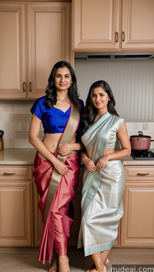 two women in saris standing in a kitchen with a stove