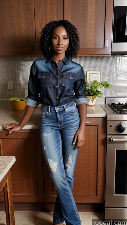 arafed woman in a denim shirt and jeans standing in a kitchen