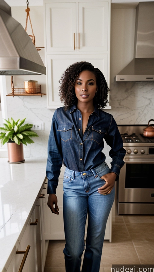arafed woman in a denim shirt and jeans standing in a kitchen