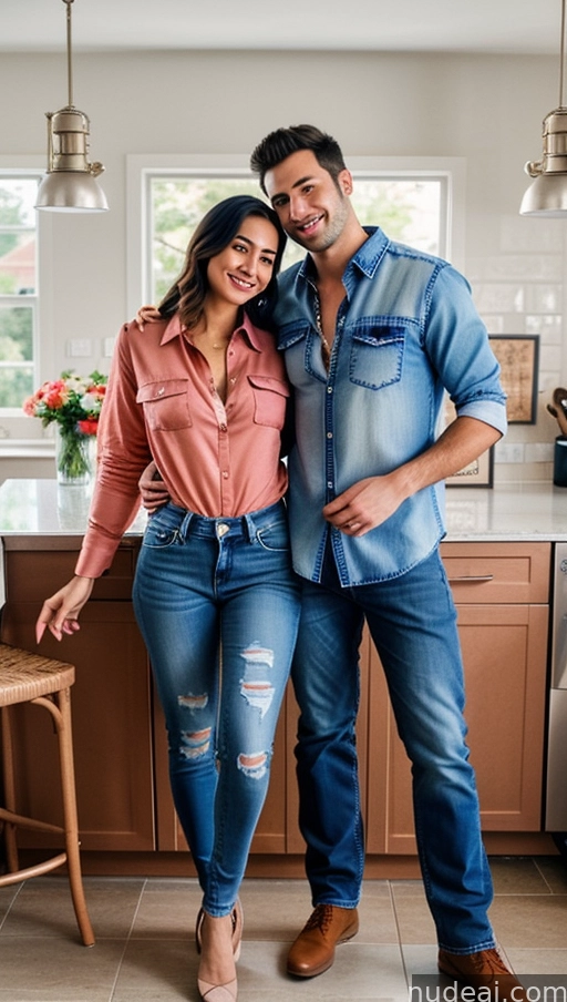a pregnant couple standing in a kitchen with a kitchen island
