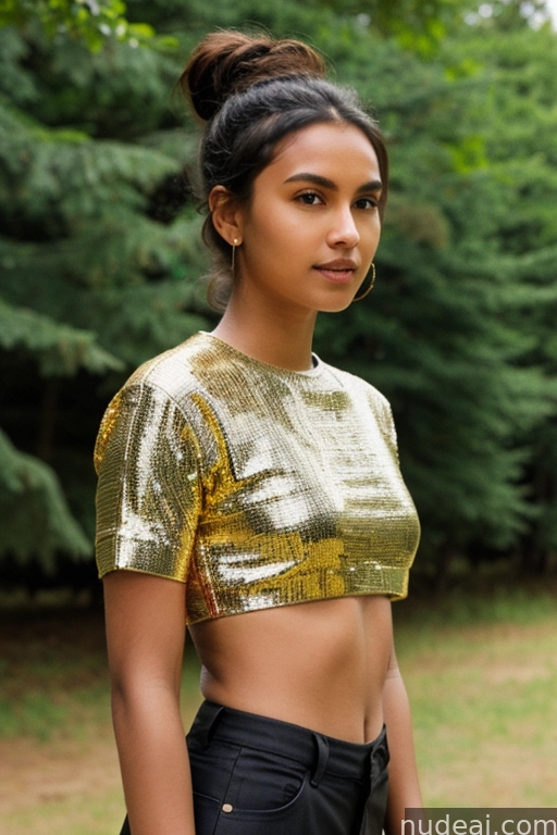 a close up of a woman in a gold top and black pants