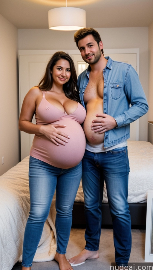 pregnant couple posing in bedroom with bed and white bedding