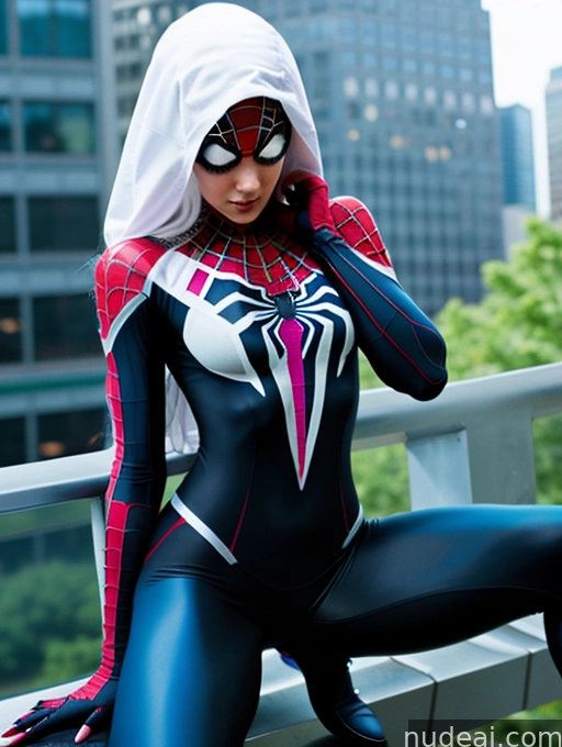 spider - man in a black and white suit posing on a balcony