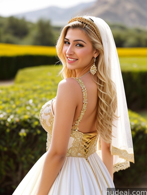 arafed bride in a wedding dress with a veil and a gold headpiece