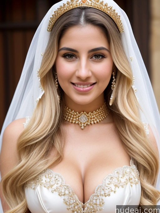 a close up of a woman wearing a wedding dress and a tiable