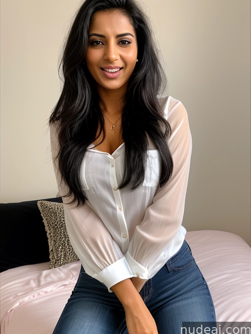 smiling woman sitting on a bed with a white shirt and jeans