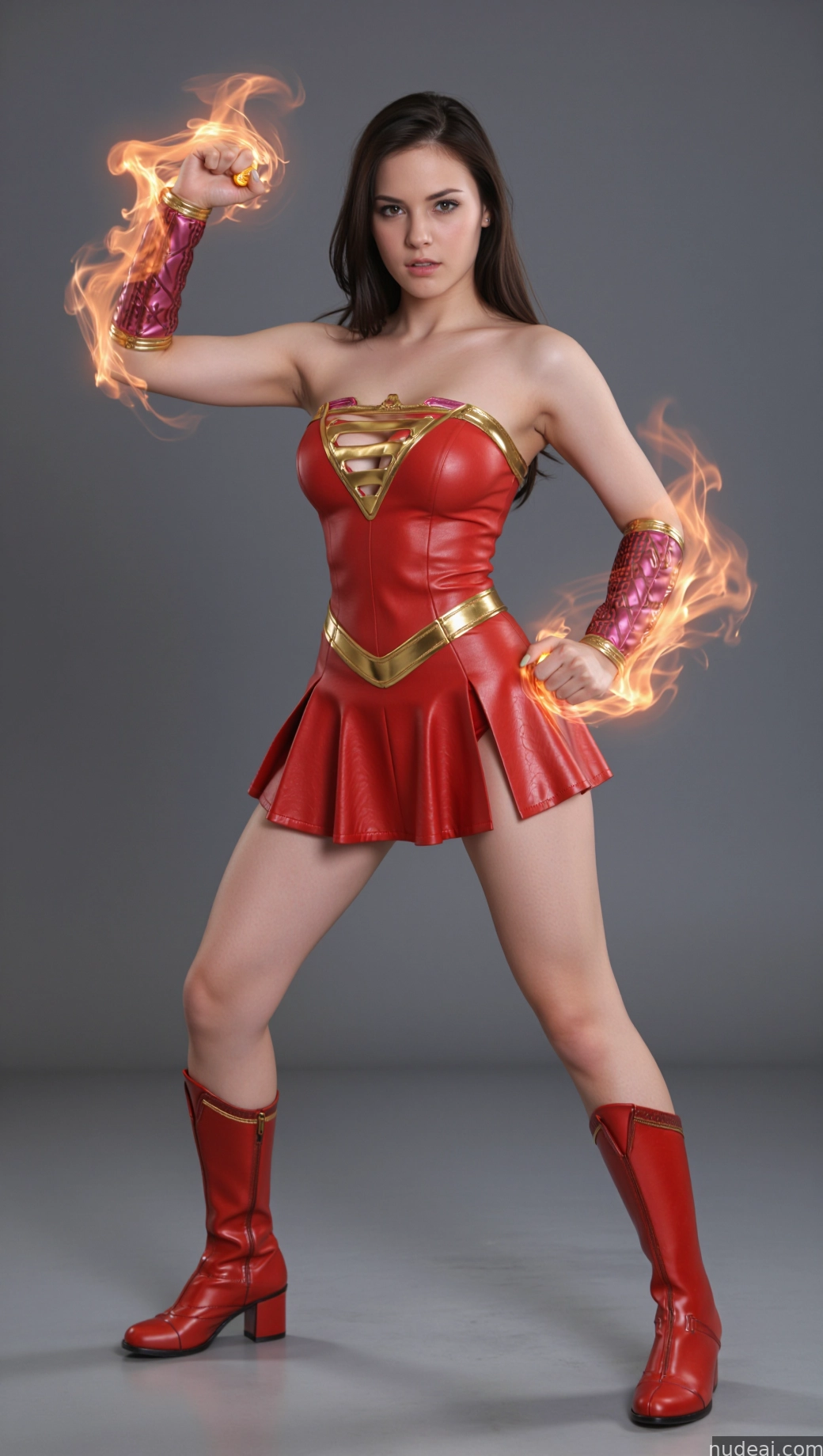 araffe woman in a red costume with a fire ring