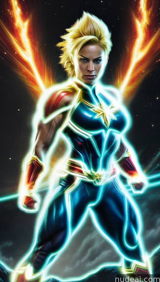 a woman in a blue outfit with a yellow and red cape