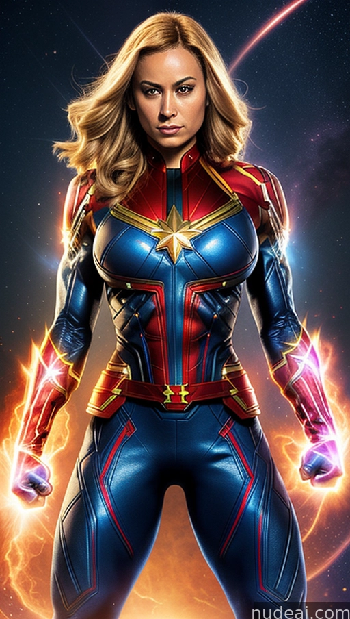 captain marvel is posing for a photo in front of a cosmic background